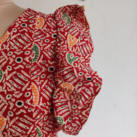 Garage Sale - Red Kalamkari Printed Gujari Cotton Ruffle Sleeve Short Maternity Gown