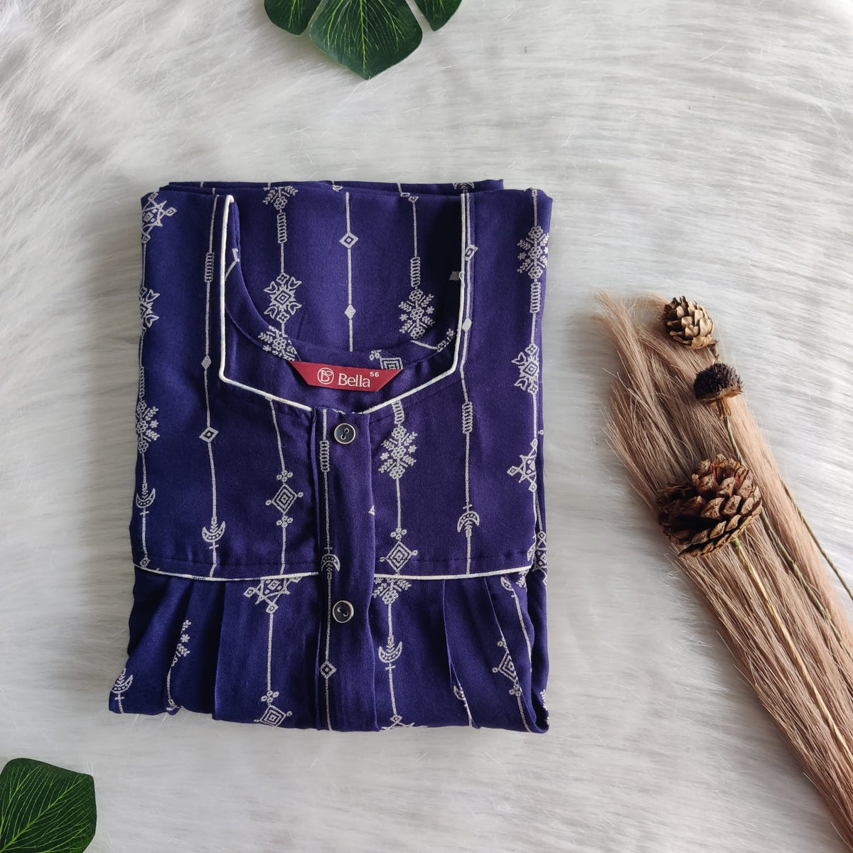 Navy Blue Printed Alfine Button Zip Nighty | Free Size | Chest Width 44″| Length 54″-56″