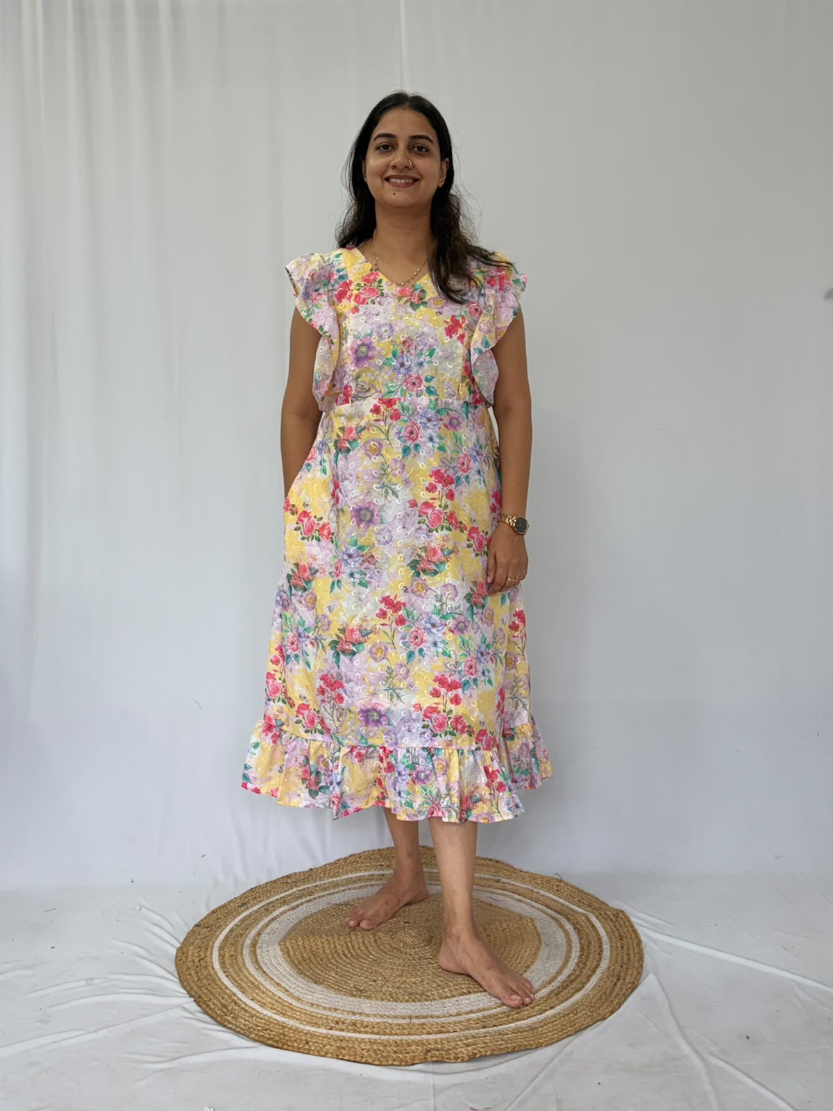 Yellow Floral Printed Hakoba Ruffle Sleeve Short Maternity Gown | Free Size | Chest Width 44″| Length 44″