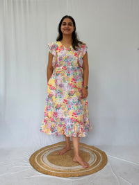 Yellow Floral Printed Hakoba Ruffle Sleeve Short Maternity Gown | Free Size | Chest Width 44″| Length 44″
