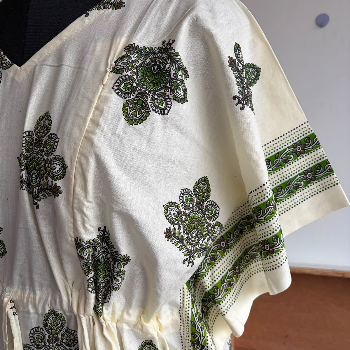 Pale Green Floral Printed Ivory Premium Cotton Feeding Kaftan | Free Size | Chest Width 44″| Length 56″