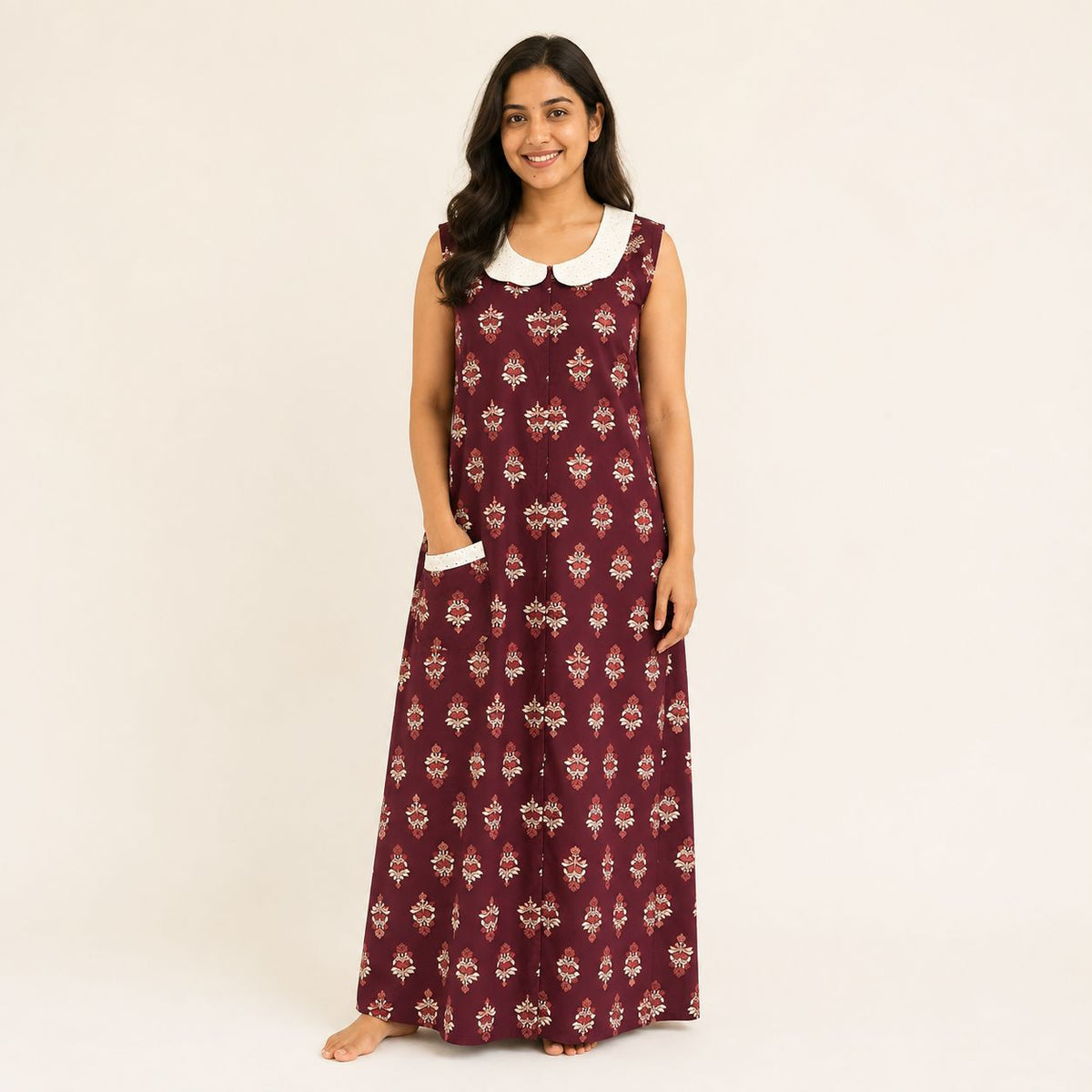 Wine Floral Printed Pure Cotton Peter Pan Collar Sleeveless Long Zip Feeding Nighty | Free Size | Chest Width 44″| Length 56″