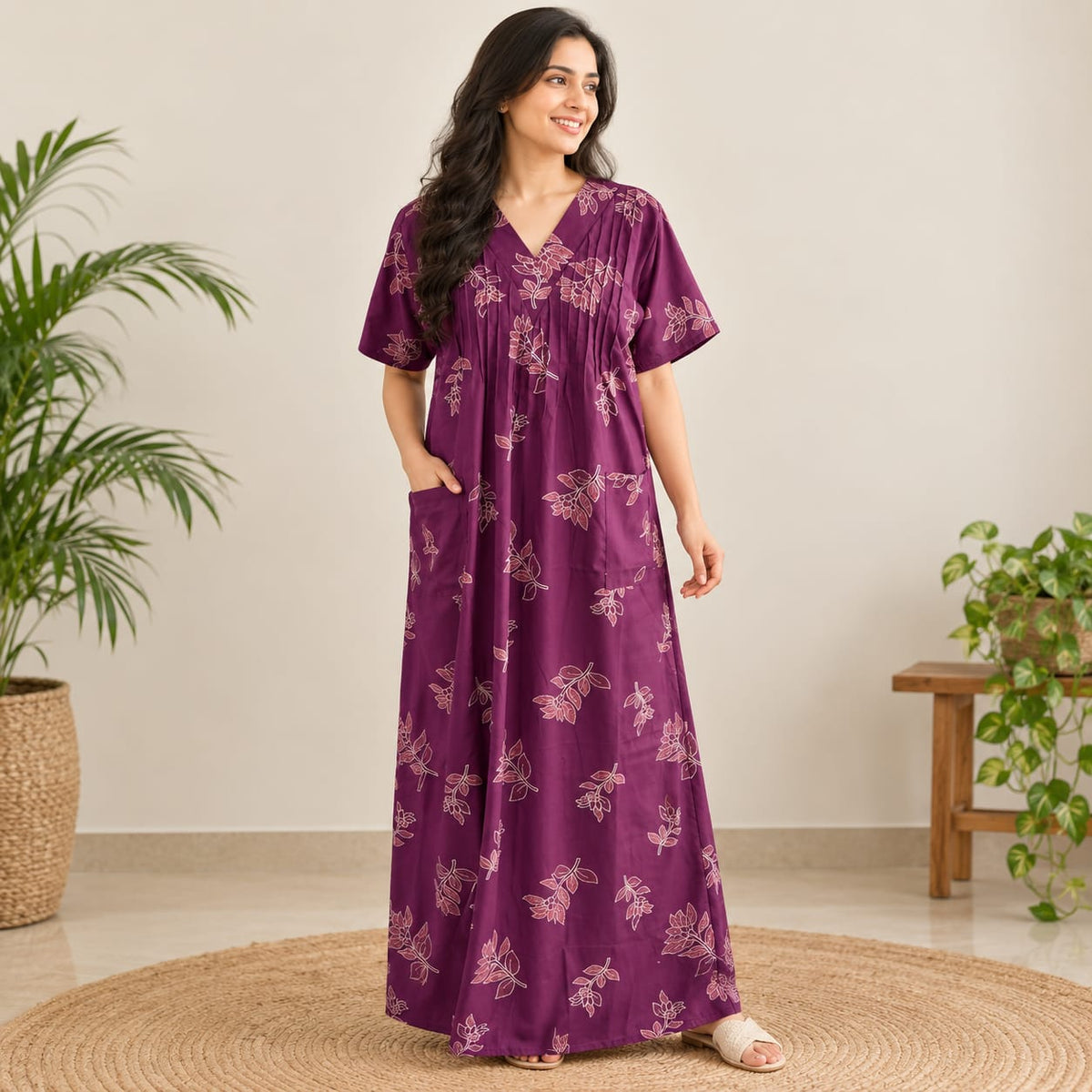 Wine Floral Printed V-Neck Alfine Churidar Cut Nighty | Free Size | Chest Width 44″| Length 56″