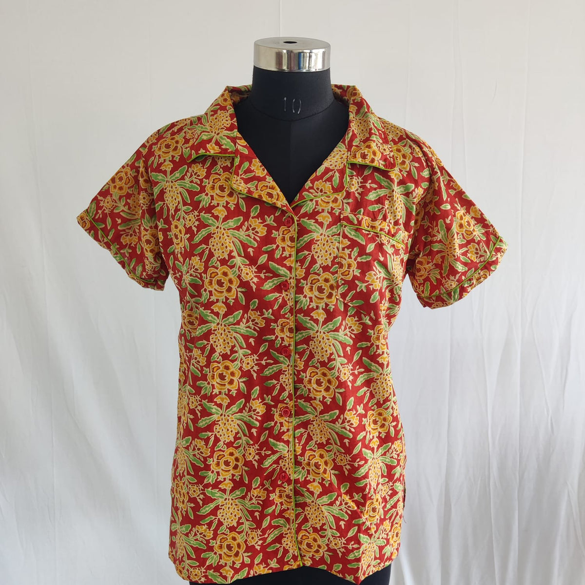 Yellow Floral Printed Red Jaipur Cotton Shirt Pyjama Set | Free Size |