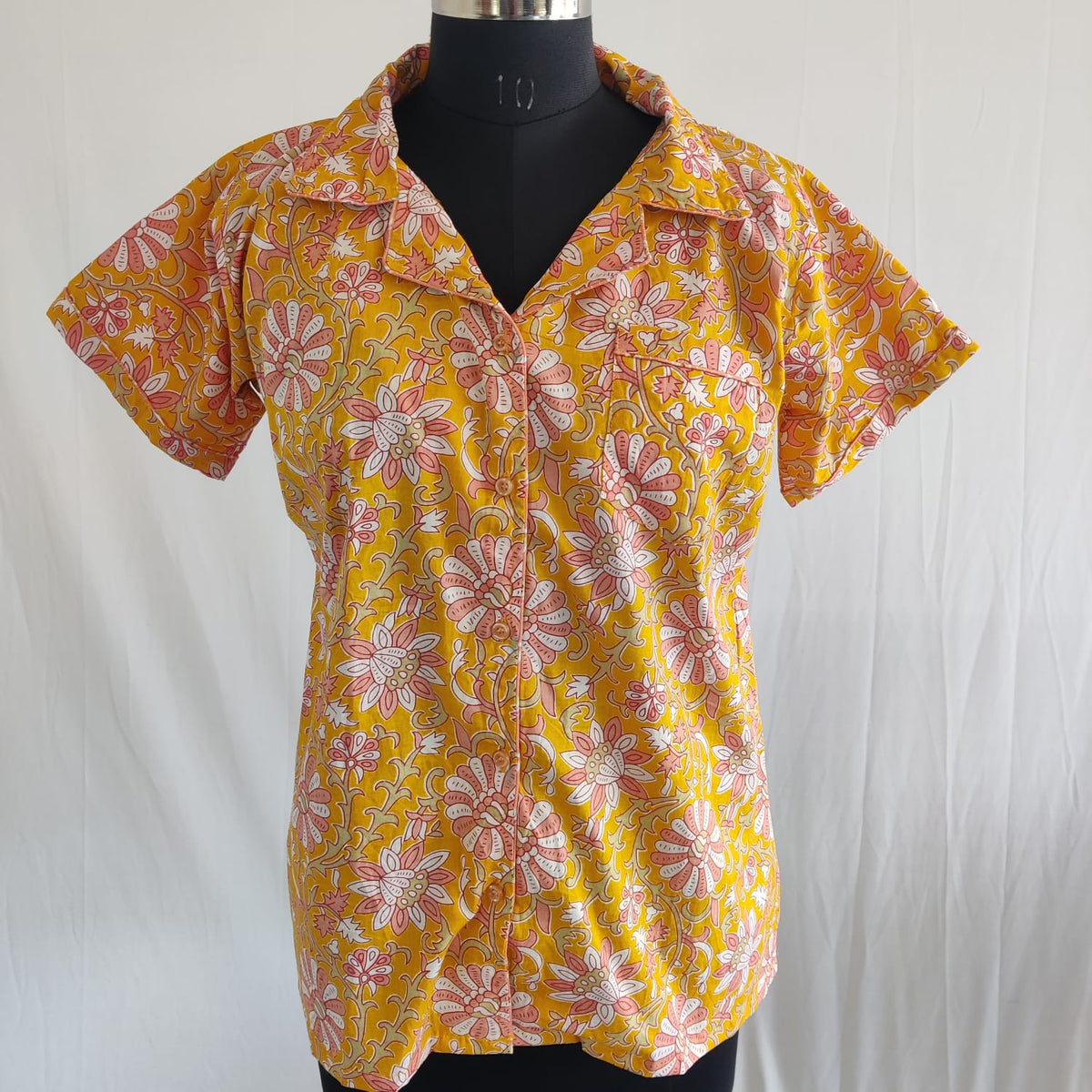 Pink Floral Printed Yellow Jaipur Cotton Shirt Pyjama Set | Free Size |