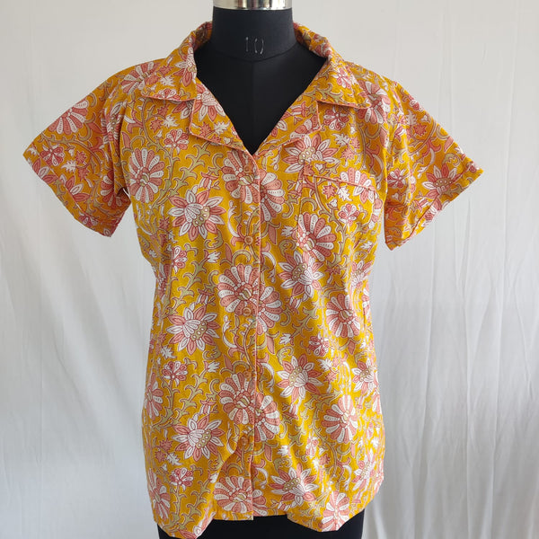 Pink Floral Printed Yellow Jaipur Cotton Shirt Pyjama Set | Free Size |
