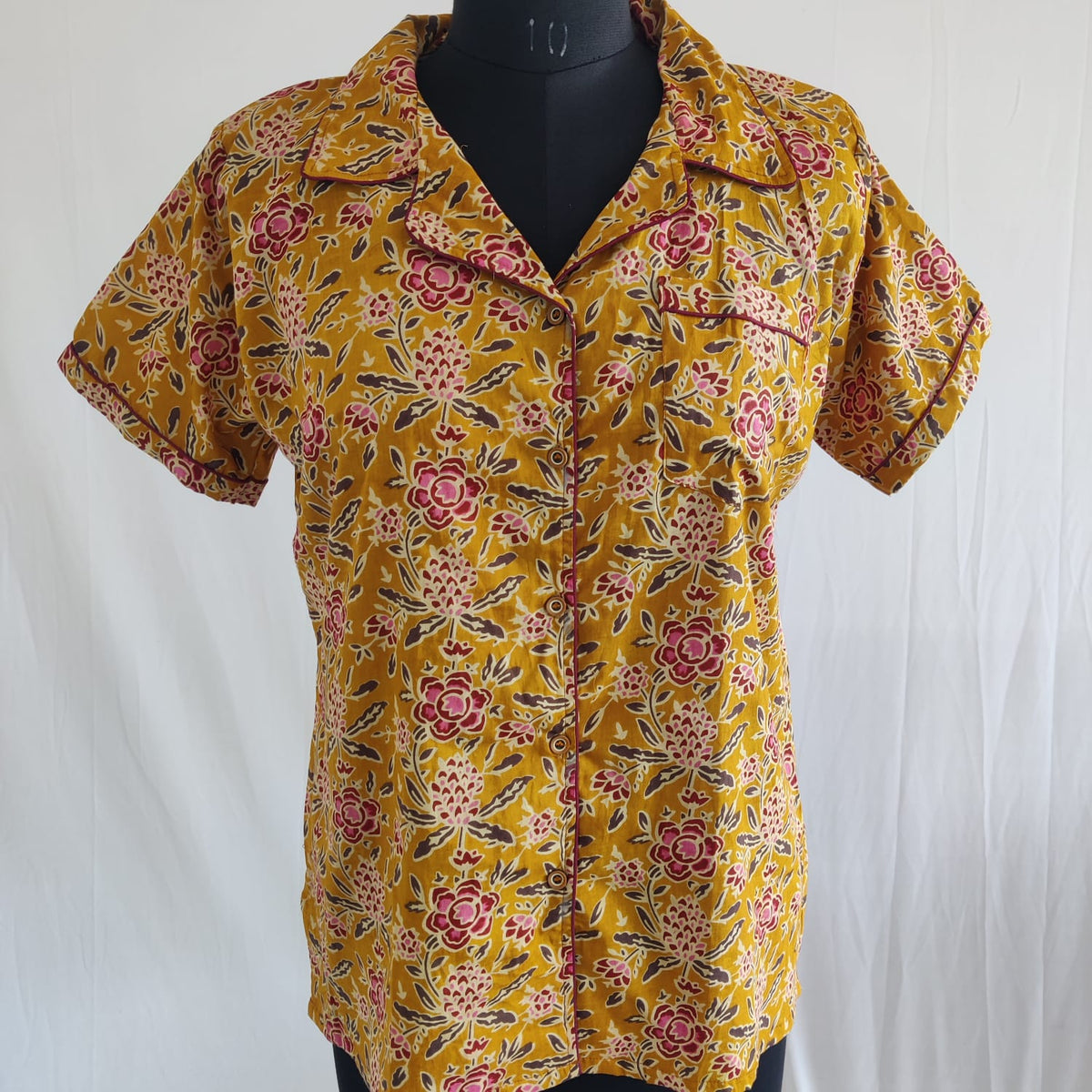 Maroon Floral Printed Mustard Yellow Jaipur Cotton Shirt Pyjama Set | Free Size |