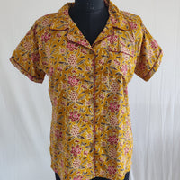 Maroon Floral Printed Mustard Yellow Jaipur Cotton Shirt Pyjama Set | Free Size |
