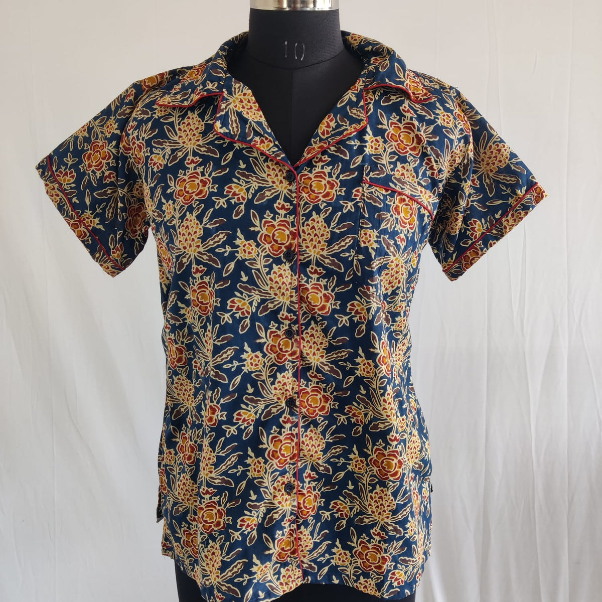Maroon Floral Printed Navy Blue Jaipur Cotton Shirt Pyjama Set | Free Size |