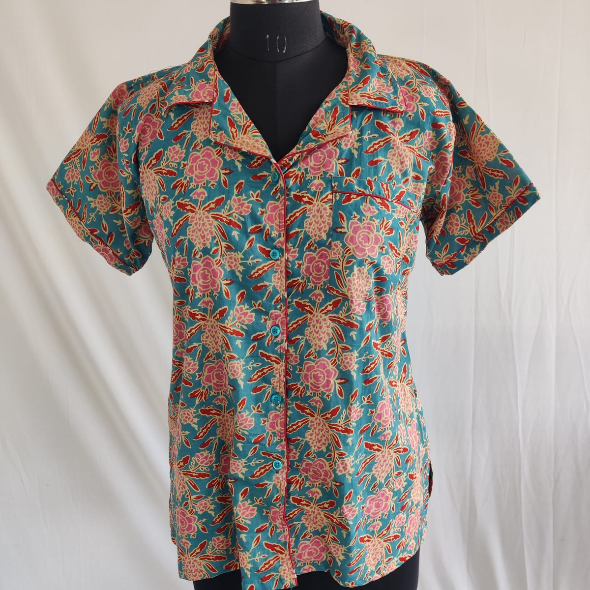 Pink Floral Printed Blue Jaipur Cotton Shirt Pyjama Set | Free Size |