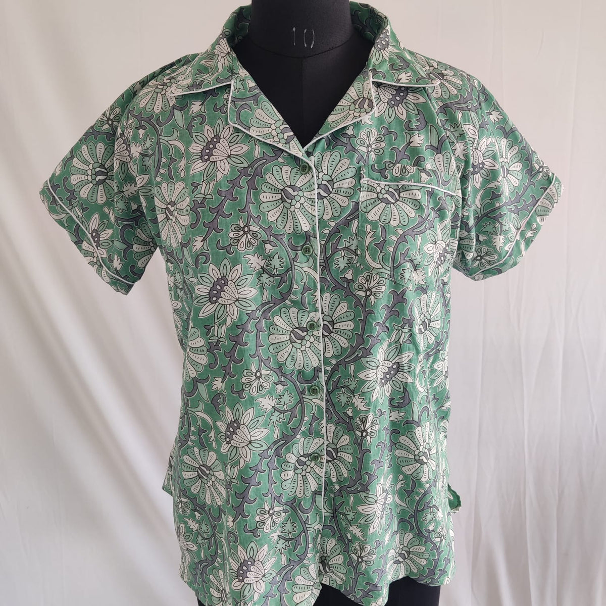 Green Floral Printed Jaipur Cotton Shirt Pyjama Set | Free Size |
