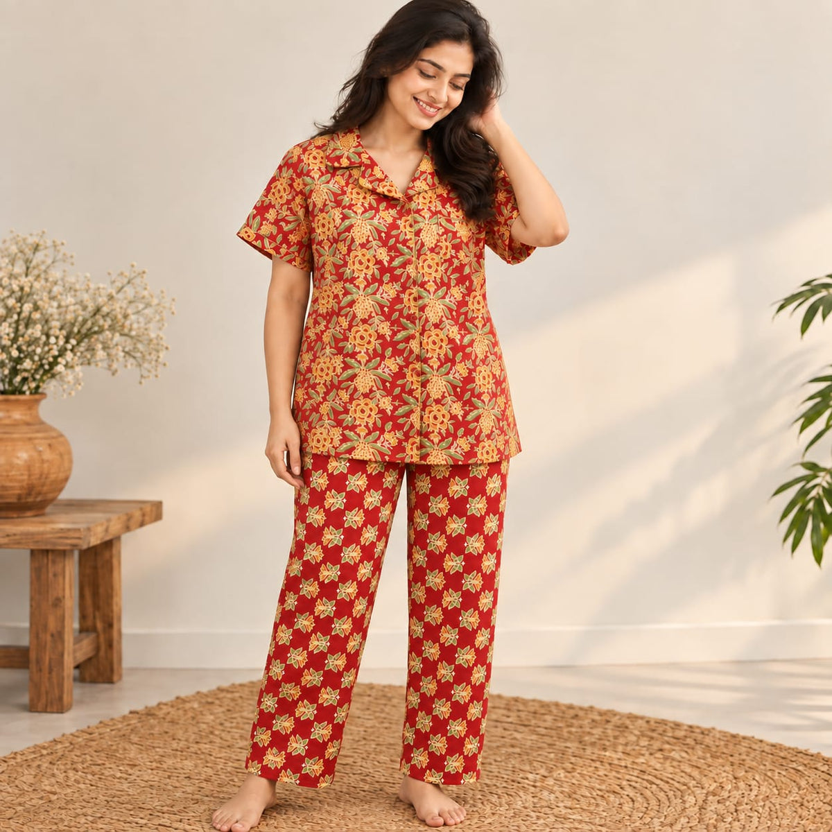 Yellow Floral Printed Red Jaipur Cotton Shirt Pyjama Set | Free Size |