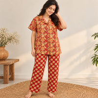 Yellow Floral Printed Red Jaipur Cotton Shirt Pyjama Set | Free Size |