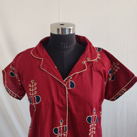 Maroon Printed Pure Cotton Full Open Long Polo Shirt Dress | Side Pocket | Free Size | Chest Width 44″| Length 44″