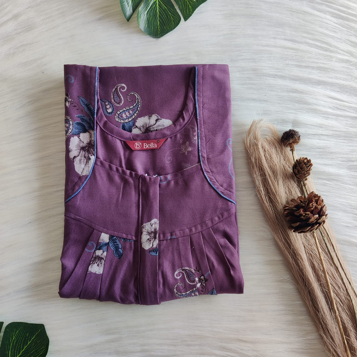 Purple Floral Printed Alfine Plus Size Pleated Zip Nighty | Chest Width 50″| Length 54″-56″